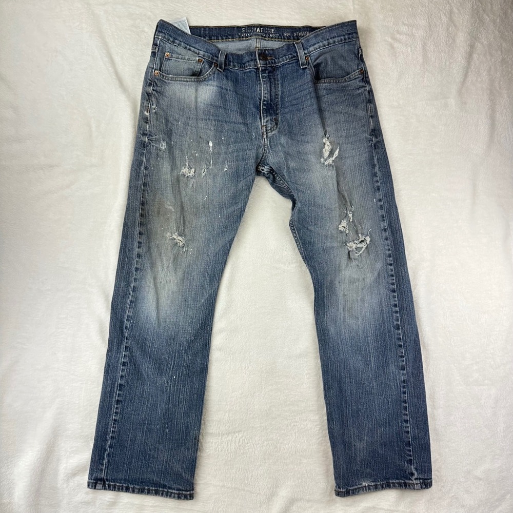 Signature Levi Strauss Jeans Mens S51 Straight 36x30 Blue Denim Distressed Pants